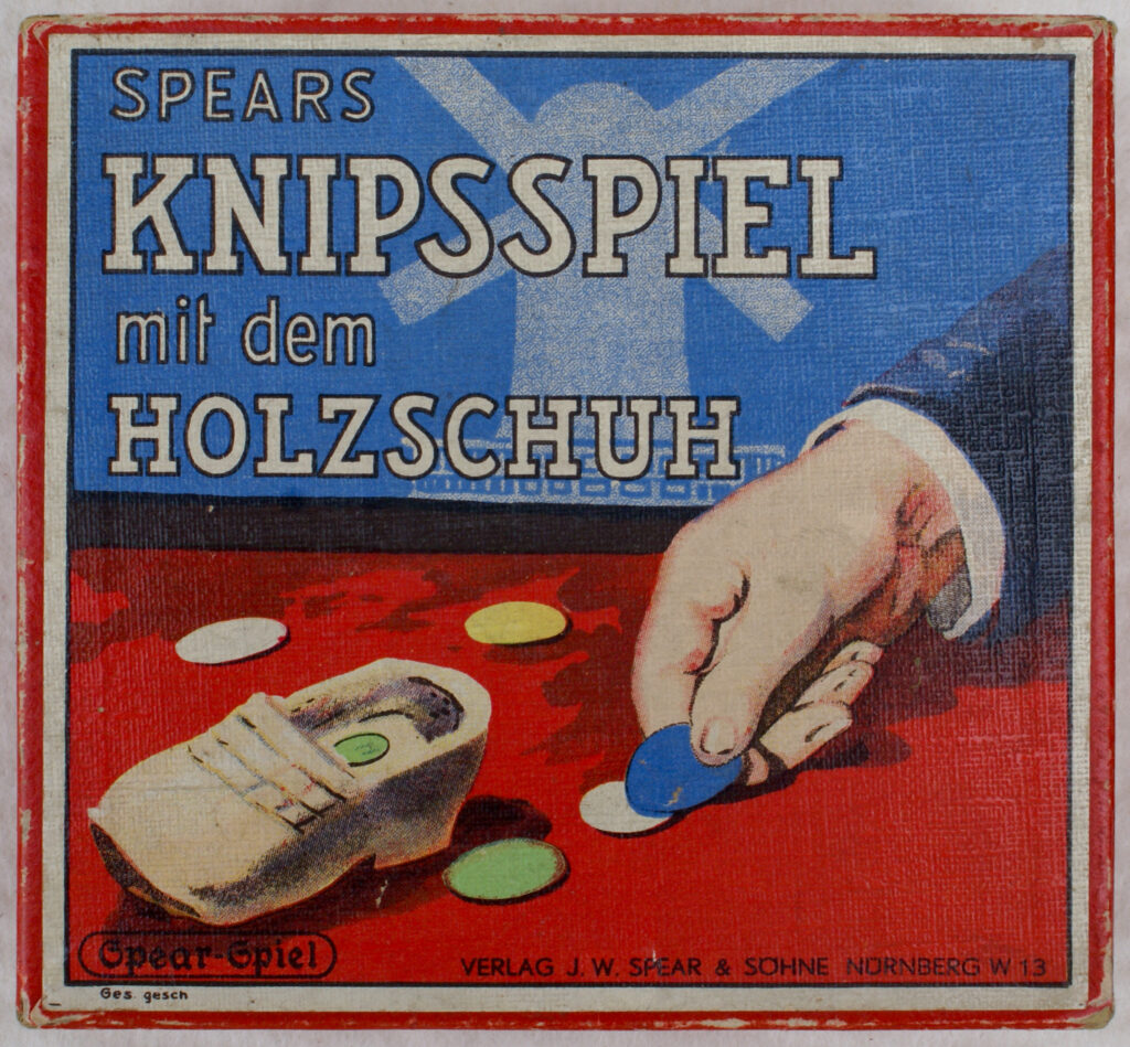 Tucker Tw ID • SPE-67c1 — AGPI ID • G-38310c1 — publisher • J. W. S. & S. (Bavaria) — title • SPEARS KNIPSSPIEL mit dem HOLZSCHUH — notes • Rules in English only. — keywords • game, game cover, gc-image
