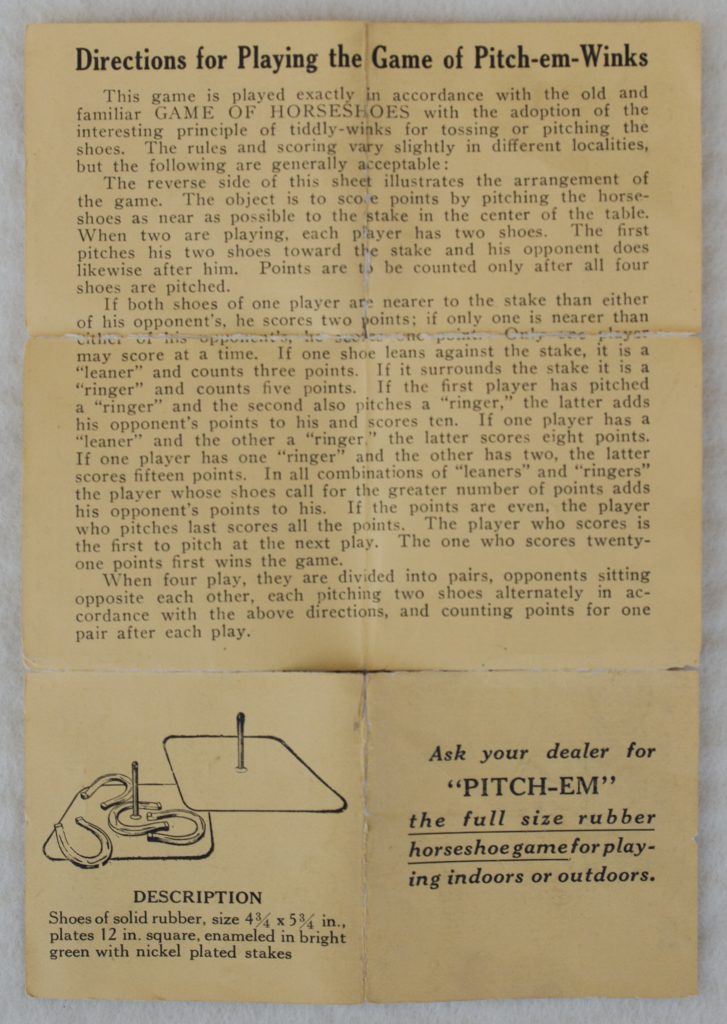 Tucker Tw ID • WAL-01c3 — publisher • Walbert Mfg. Co., Chicago — title • PITCH-EM-WINKS THE TABLE HORSE SHOE GAME