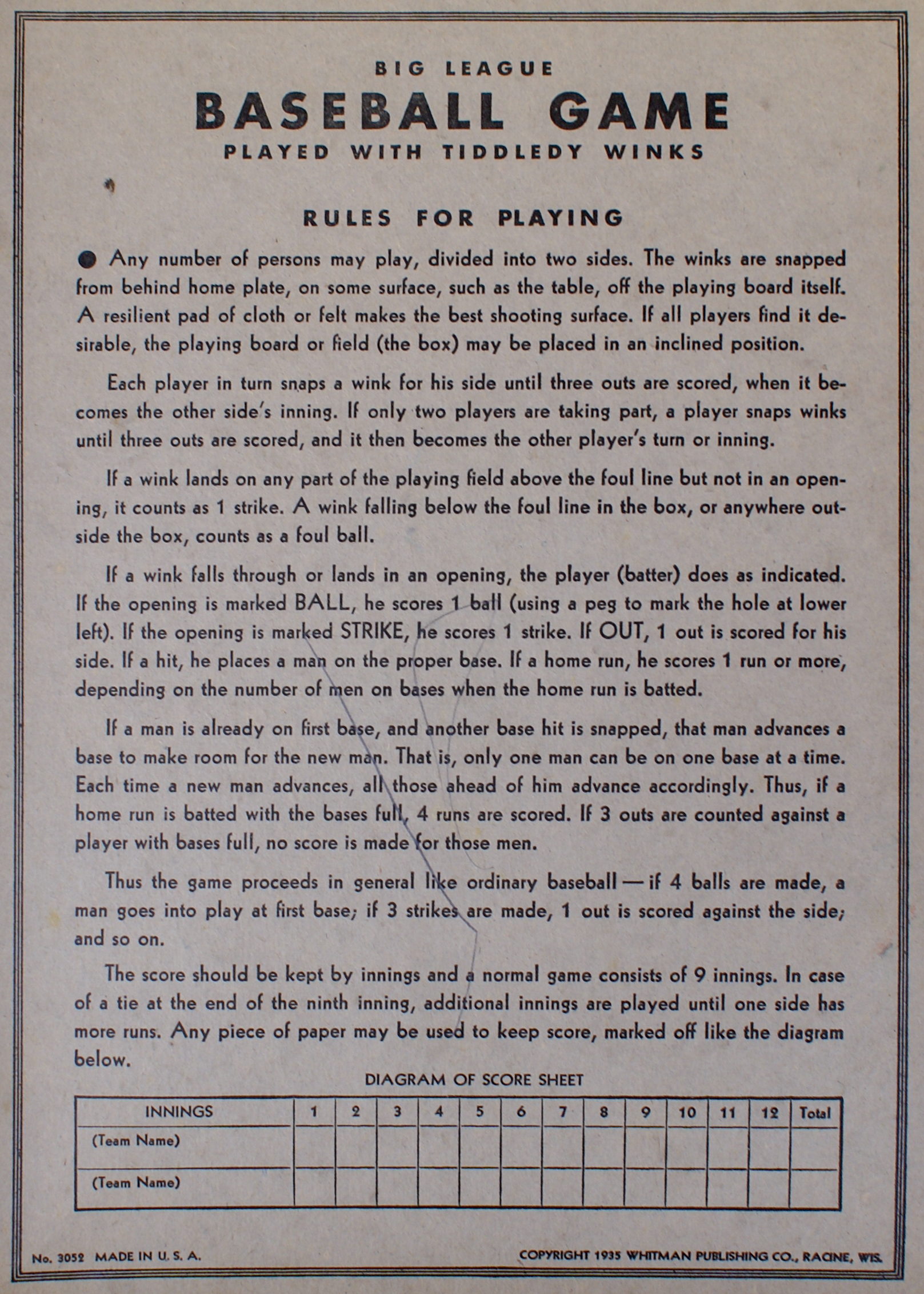 Tucker Tw ID • WHI-01 — publisher • Whitman — title • BIG LEAGUE BASEBALL GAME - played with TIDDLEDY WINKS