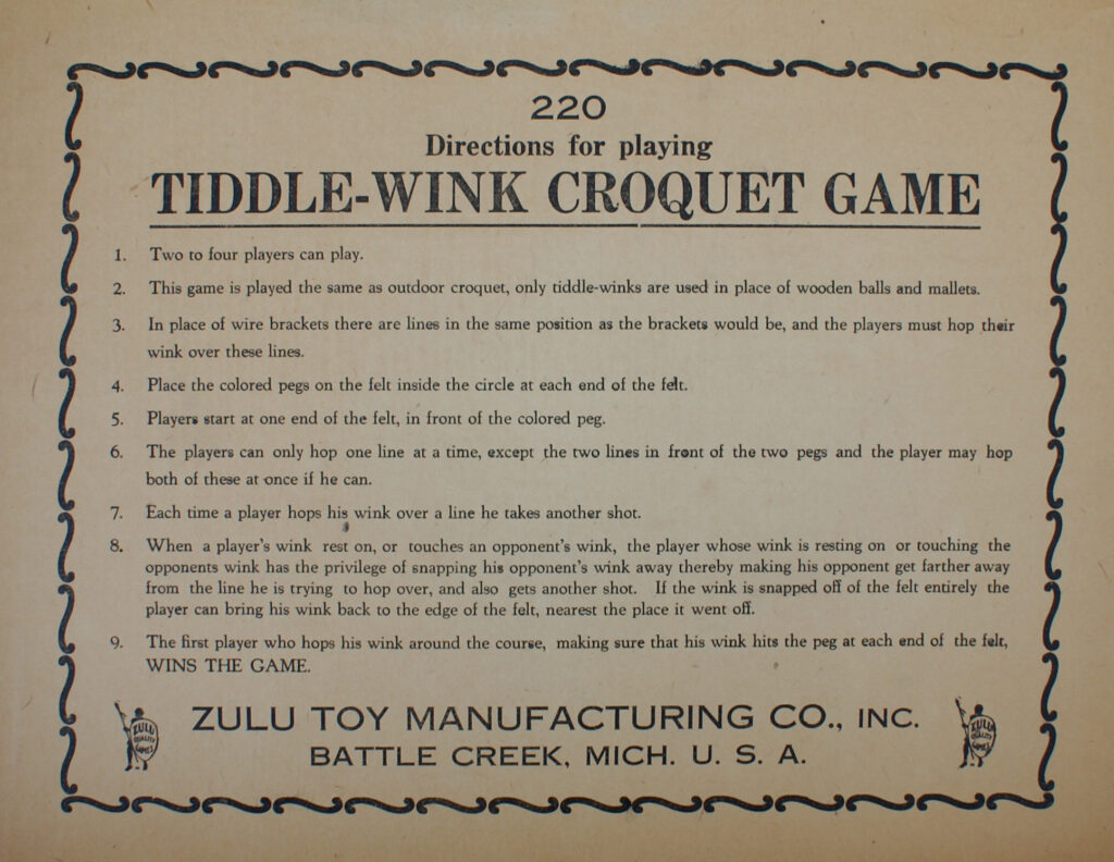 Tucker Tw ID • ZUL-02c1 — AGPI ID • G-23884c1 — publisher • Zulu Toy Manufacturing, Company, — title • Tiddledy Winks Croquet — notes • © 1927 Zulu Toy Mfg. Co., Inc. Publisher catalog number: 220. — keywords • game, game instructions, gc-image